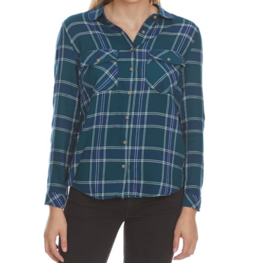 🛍Green / navy plaid button down top LARGE NWT